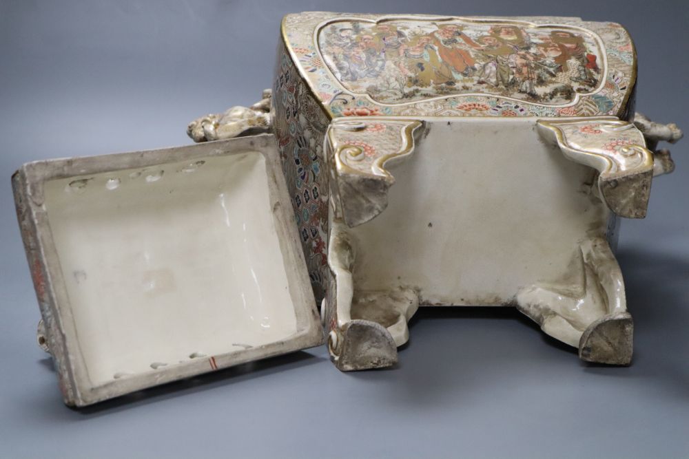 A large Japanese Satsuma pottery koro and cover, with Dog of Fo surmount and handles, 35cm high